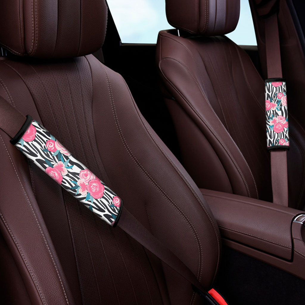 Black White Zebra Floral Pattern Print Car Seat Belt Covers