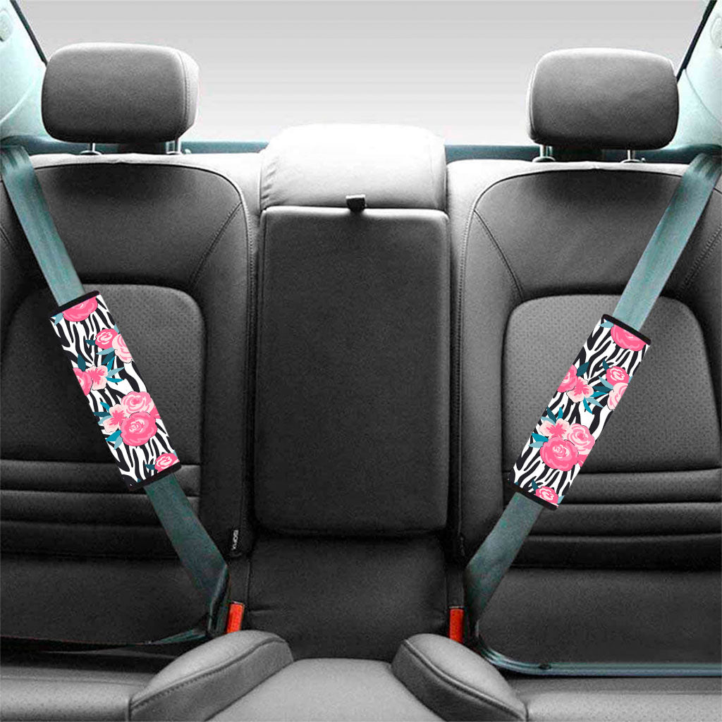 Black White Zebra Floral Pattern Print Car Seat Belt Covers