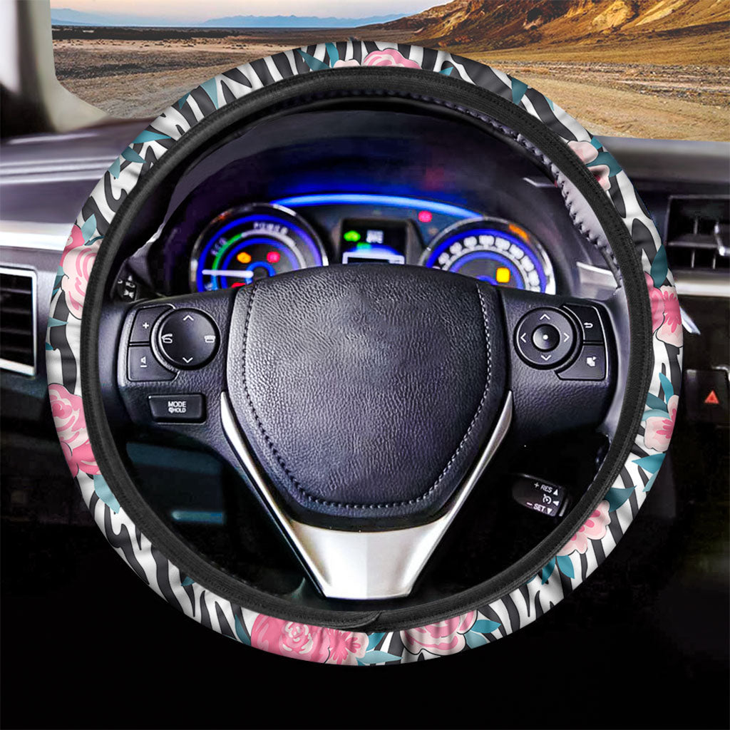 Black White Zebra Floral Pattern Print Car Steering Wheel Cover