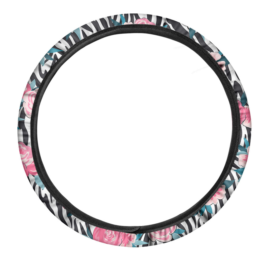 Black White Zebra Floral Pattern Print Car Steering Wheel Cover