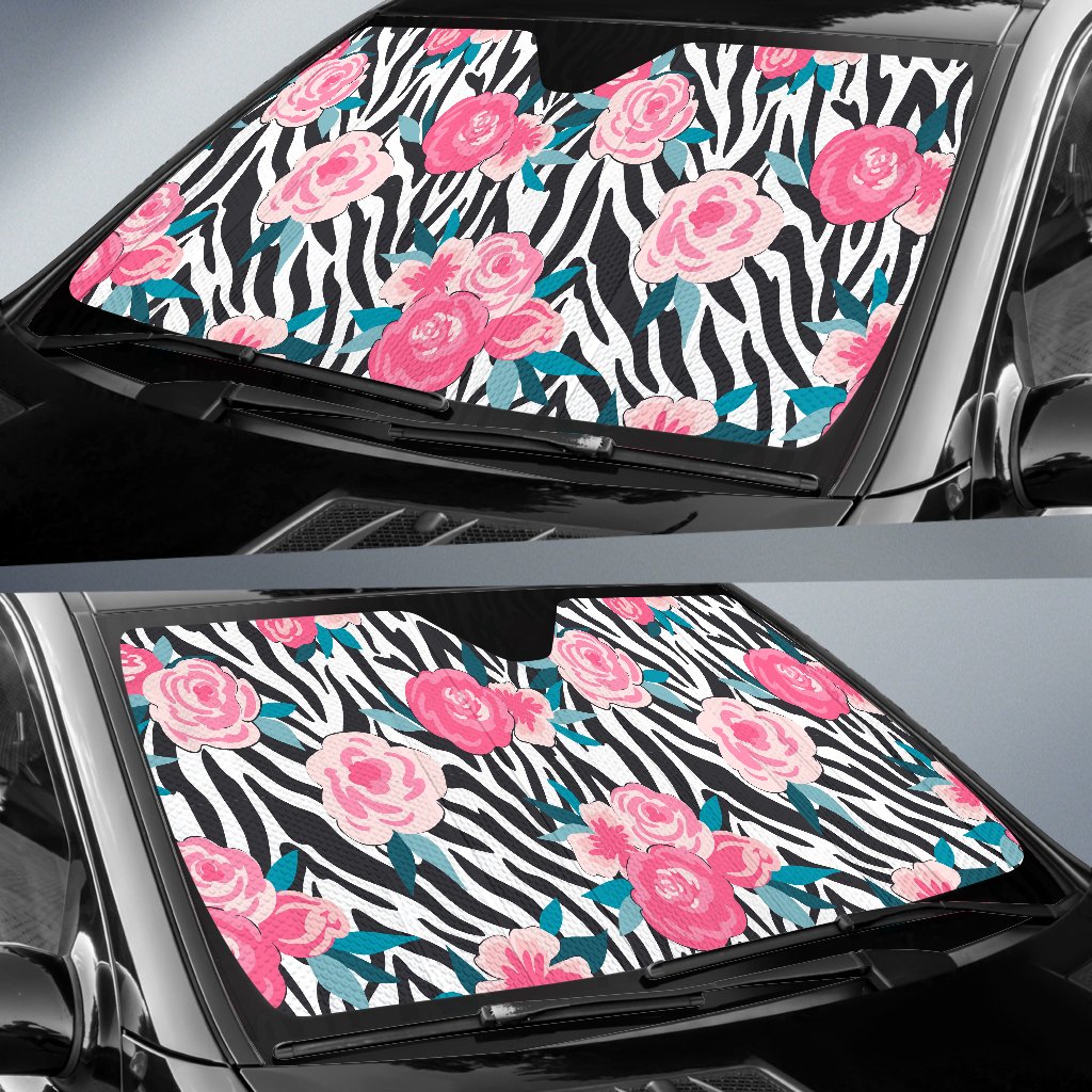 Black White Zebra Floral Pattern Print Car Sun Shade GearFrost