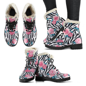 Black White Zebra Floral Pattern Print Comfy Boots GearFrost