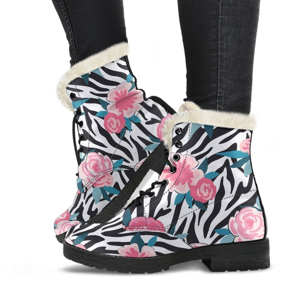 Black White Zebra Floral Pattern Print Comfy Boots GearFrost