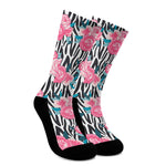 Black White Zebra Floral Pattern Print Crew Socks