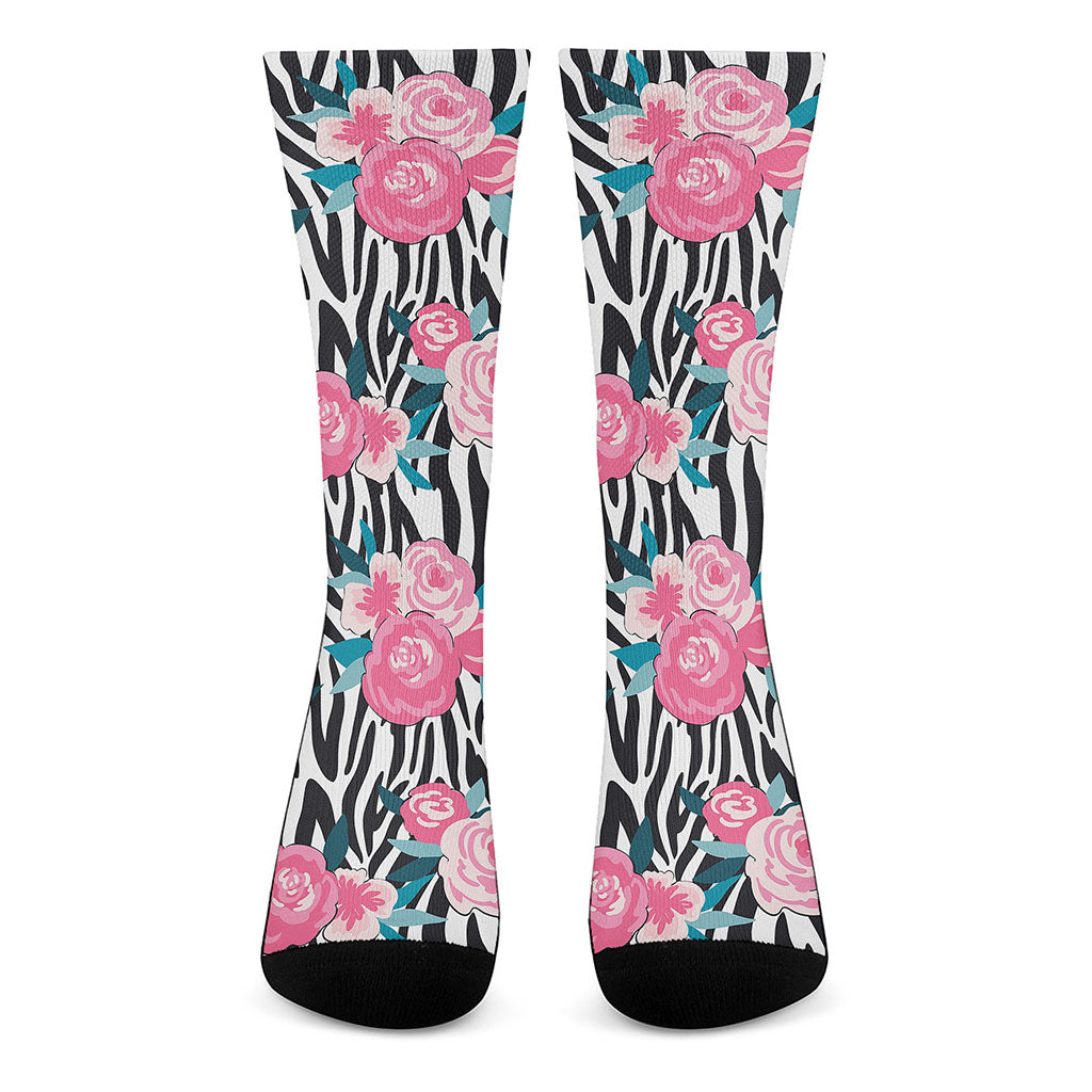 Black White Zebra Floral Pattern Print Crew Socks