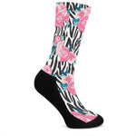 Black White Zebra Floral Pattern Print Crew Socks