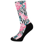 Black White Zebra Floral Pattern Print Crew Socks