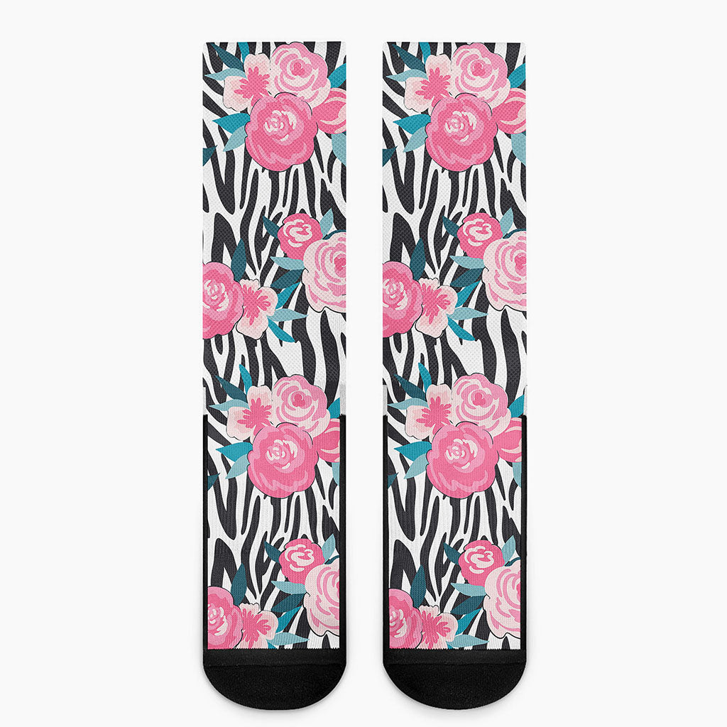 Black White Zebra Floral Pattern Print Crew Socks