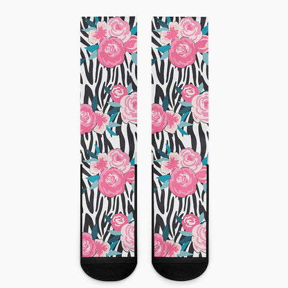 Black White Zebra Floral Pattern Print Crew Socks