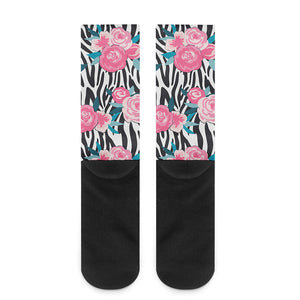 Black White Zebra Floral Pattern Print Crew Socks