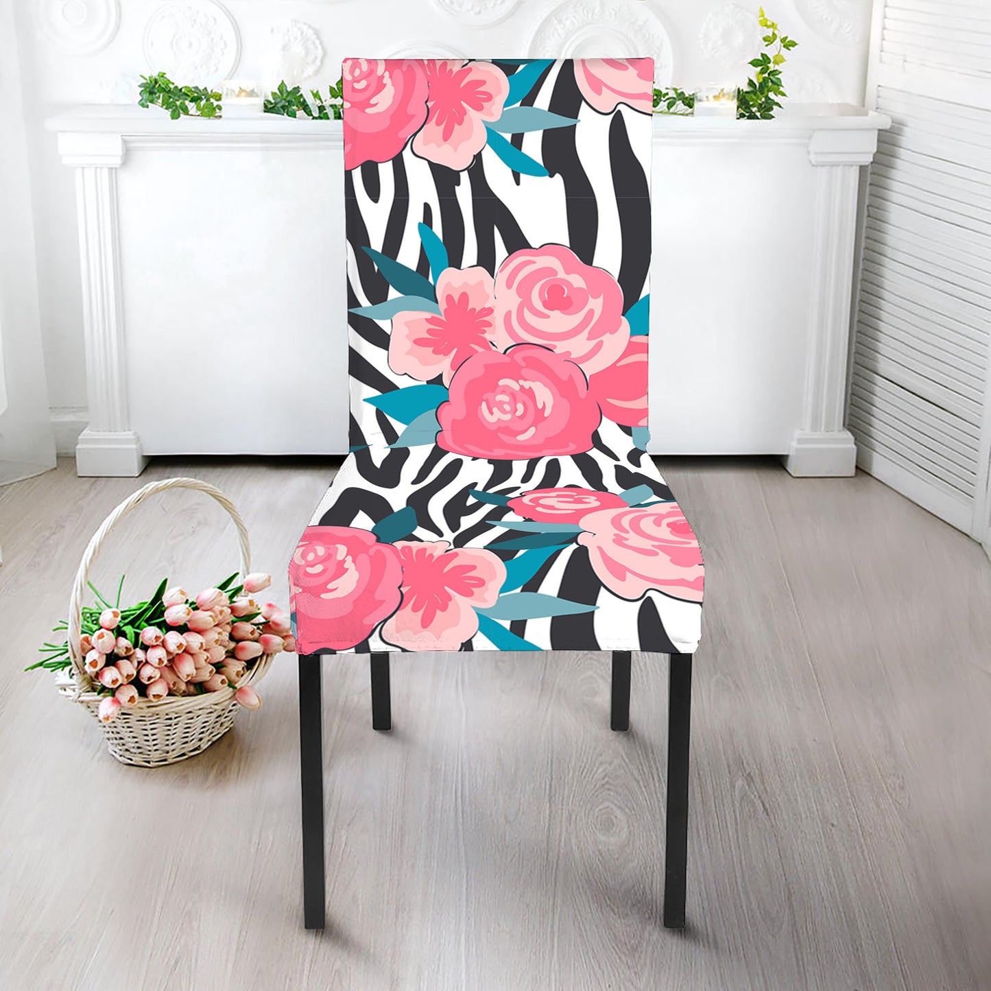 Black White Zebra Floral Pattern Print Dining Chair Slipcover