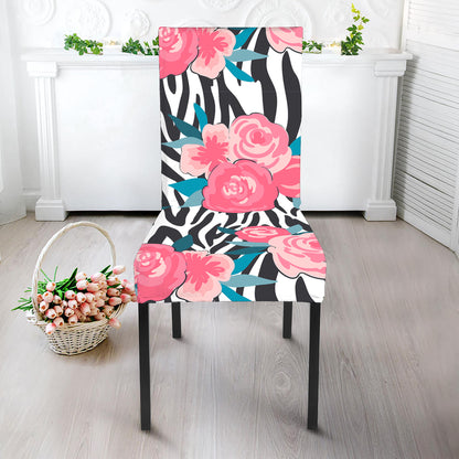 Black White Zebra Floral Pattern Print Dining Chair Slipcover