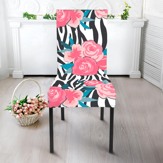 Black White Zebra Floral Pattern Print Dining Chair Slipcover