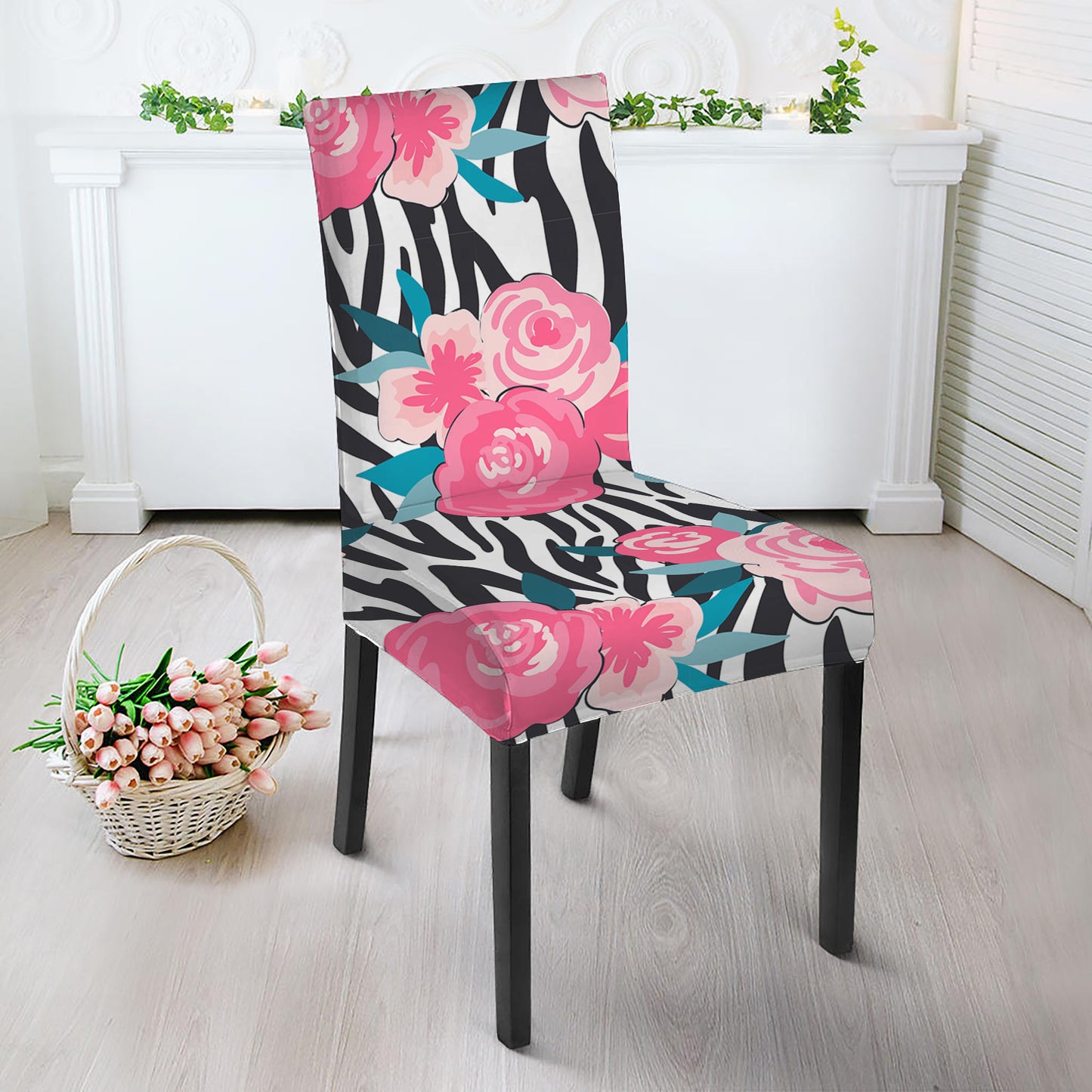 Black White Zebra Floral Pattern Print Dining Chair Slipcover