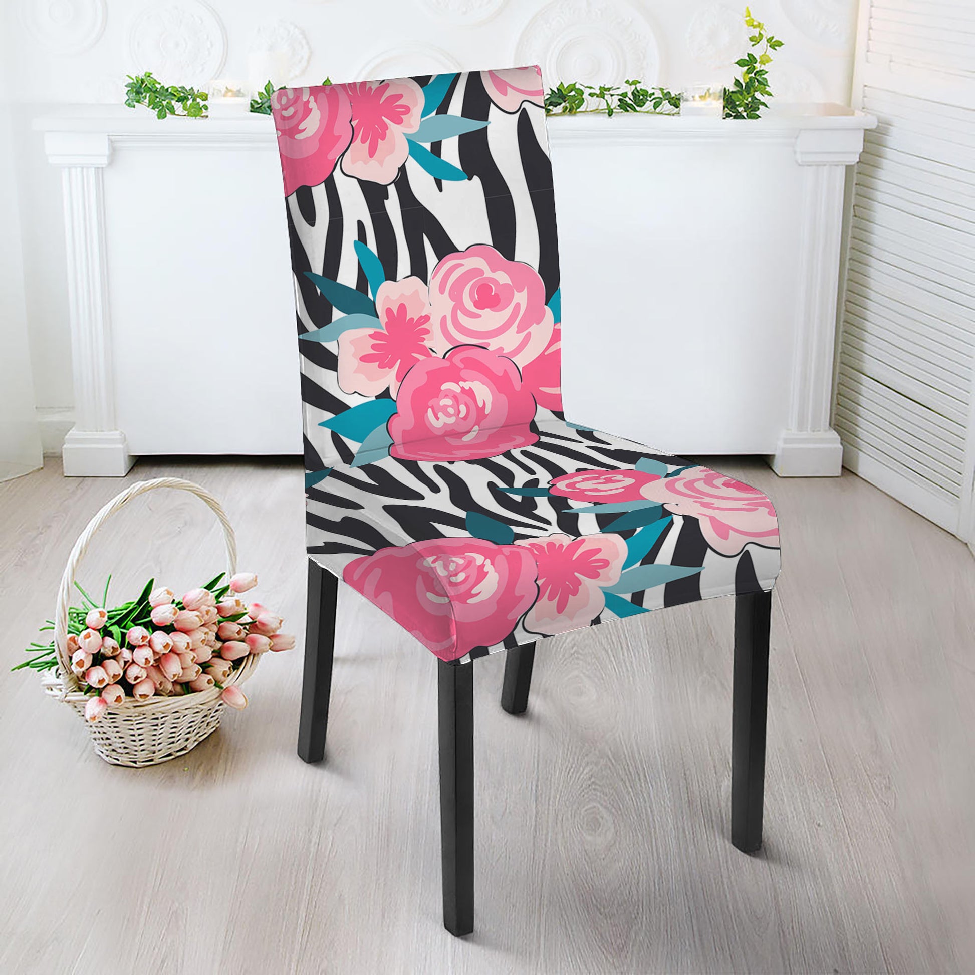 Black White Zebra Floral Pattern Print Dining Chair Slipcover