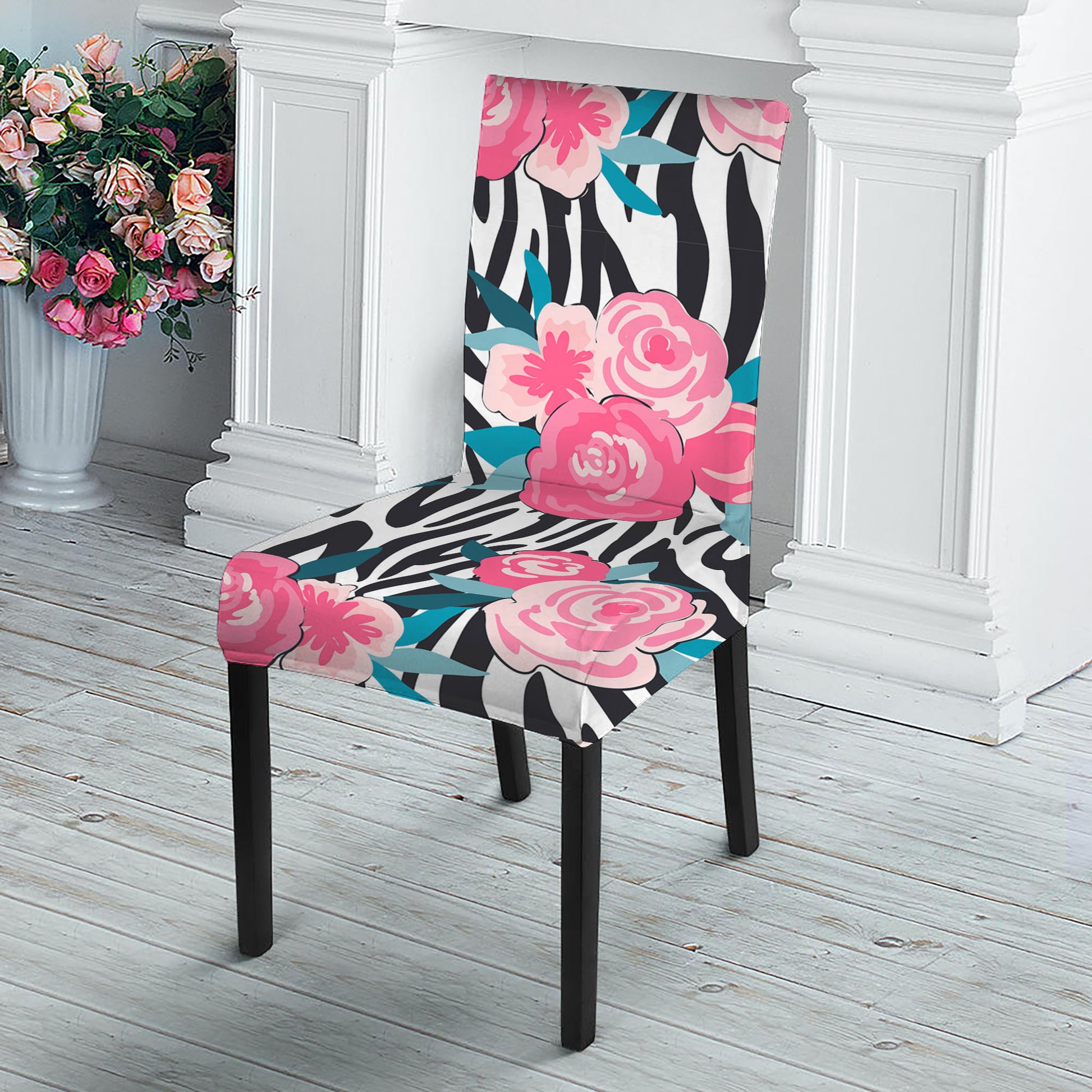 Black White Zebra Floral Pattern Print Dining Chair Slipcover