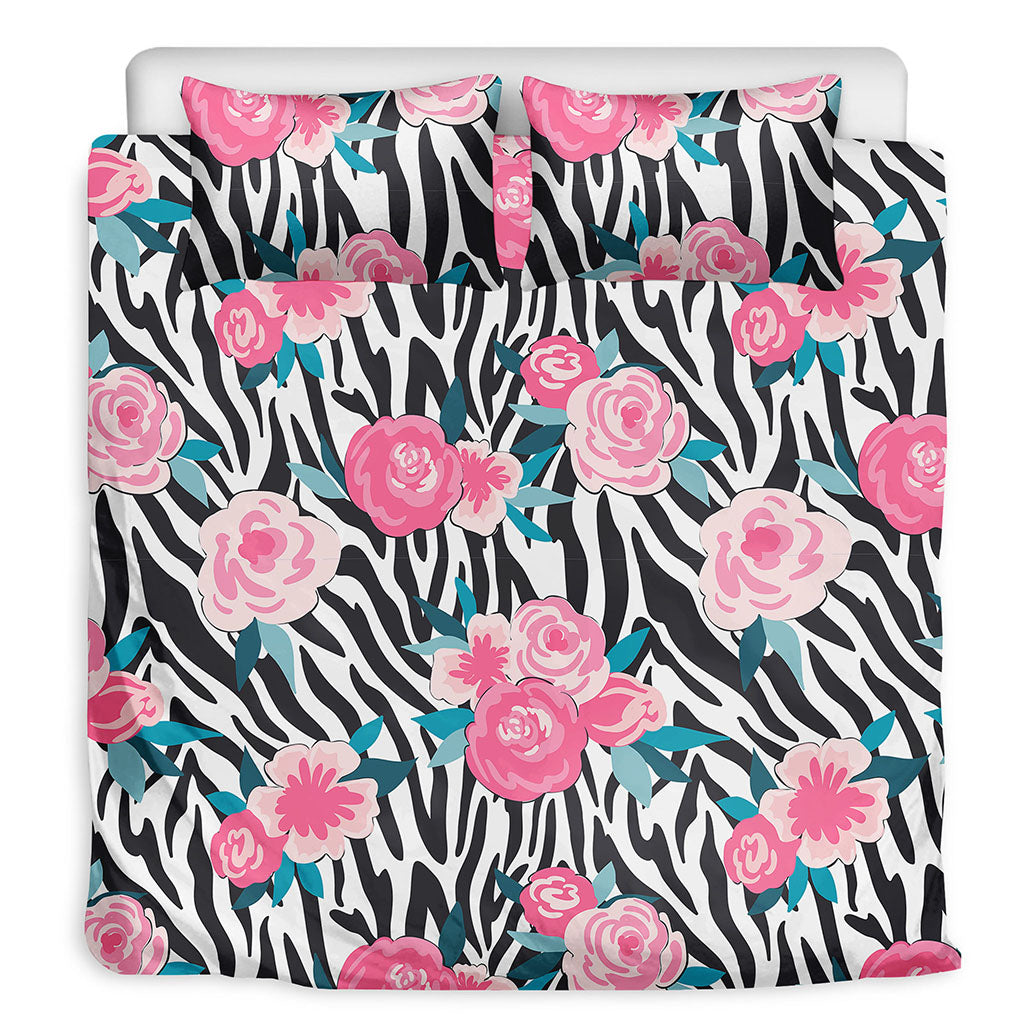 Black White Zebra Floral Pattern Print Duvet Cover Bedding Set