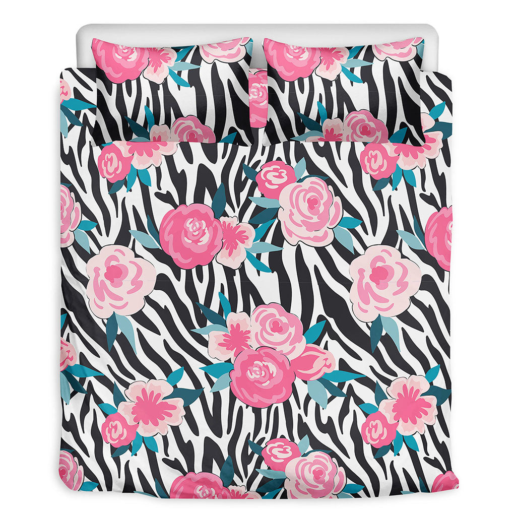 Black White Zebra Floral Pattern Print Duvet Cover Bedding Set