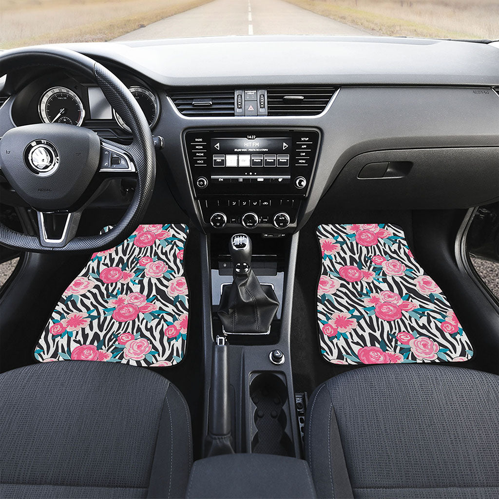 Black White Zebra Floral Pattern Print Front and Back Car Floor Mats