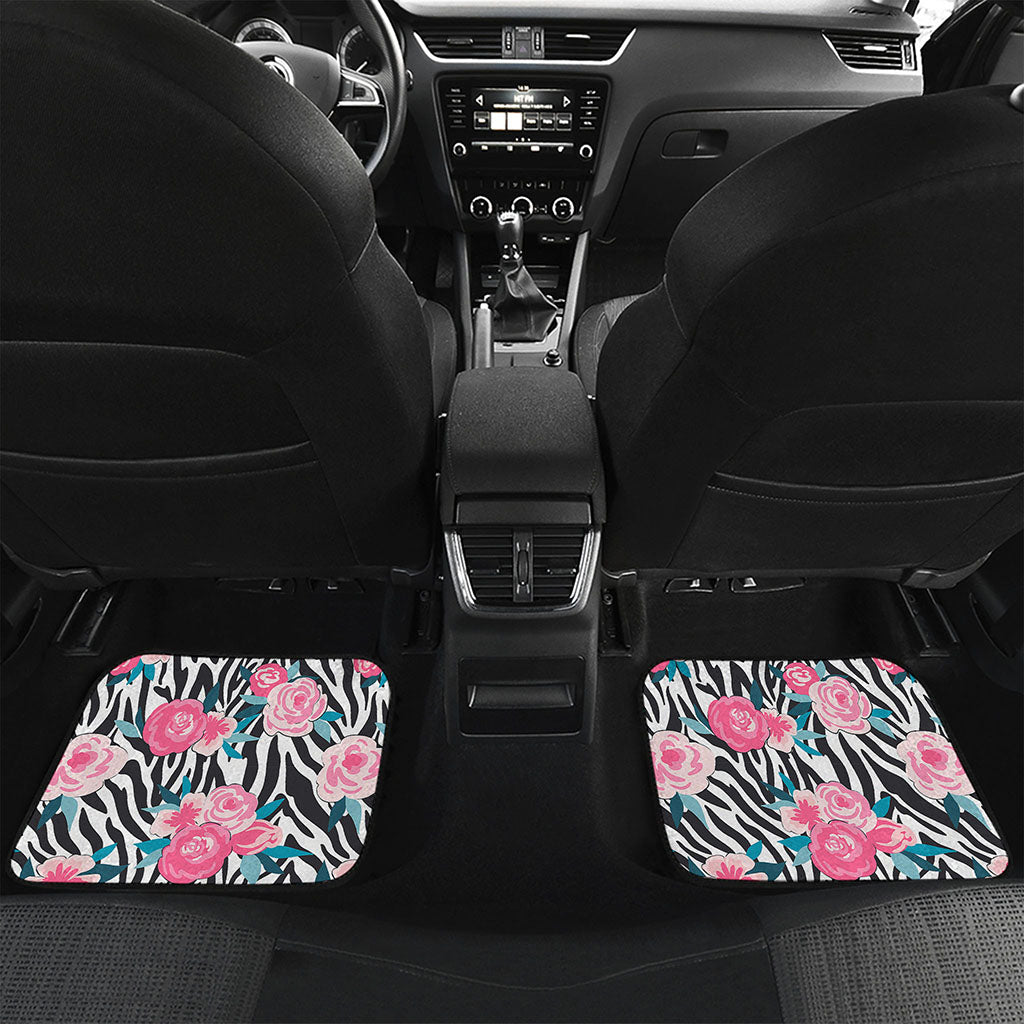 Black White Zebra Floral Pattern Print Front and Back Car Floor Mats