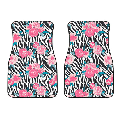 Black White Zebra Floral Pattern Print Front Car Floor Mats