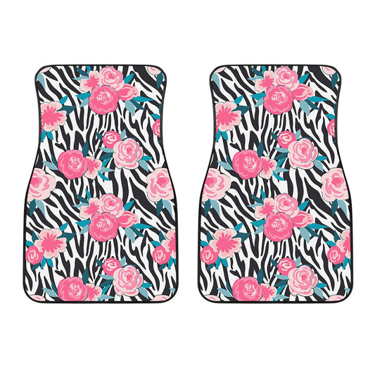 Black White Zebra Floral Pattern Print Front Car Floor Mats