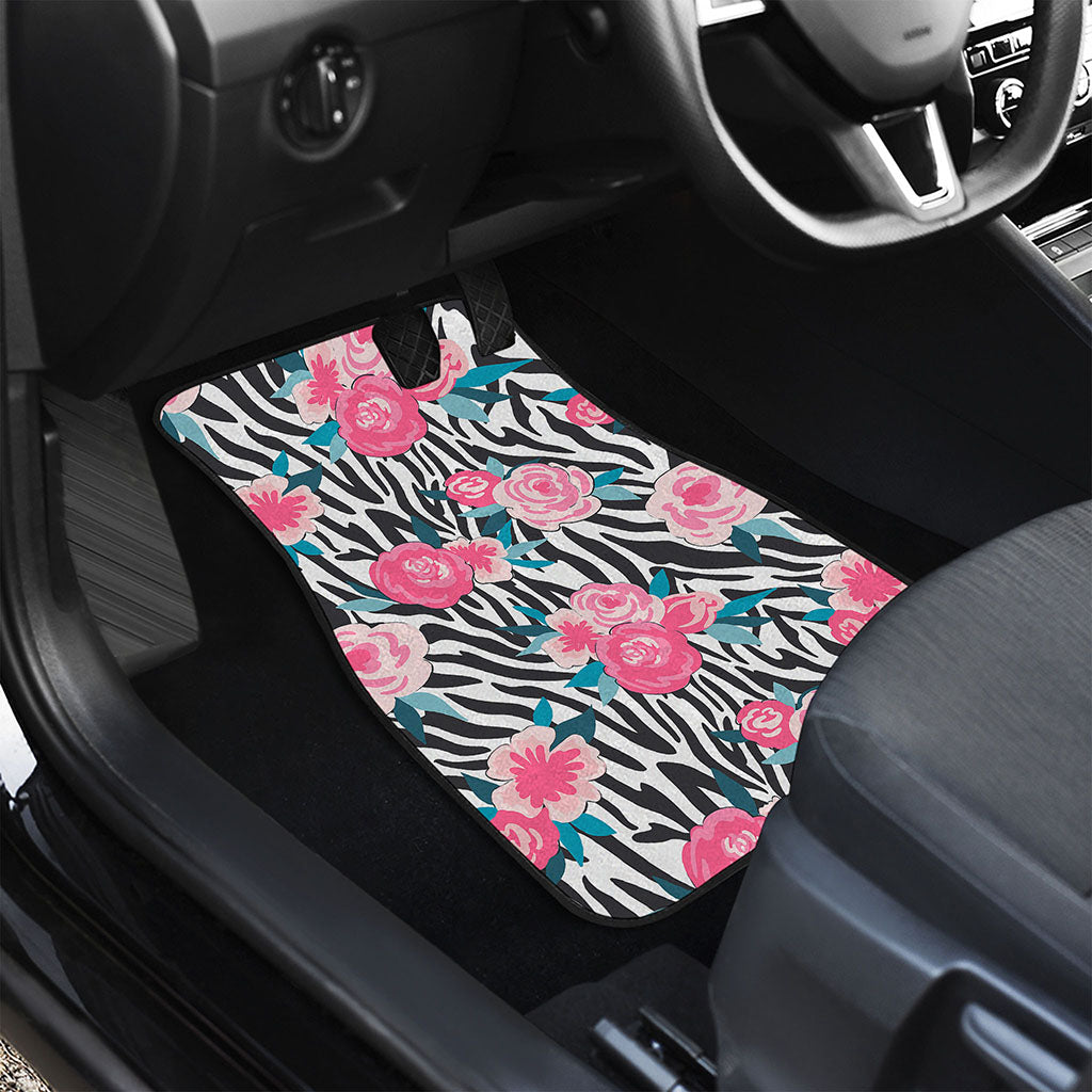 Black White Zebra Floral Pattern Print Front Car Floor Mats