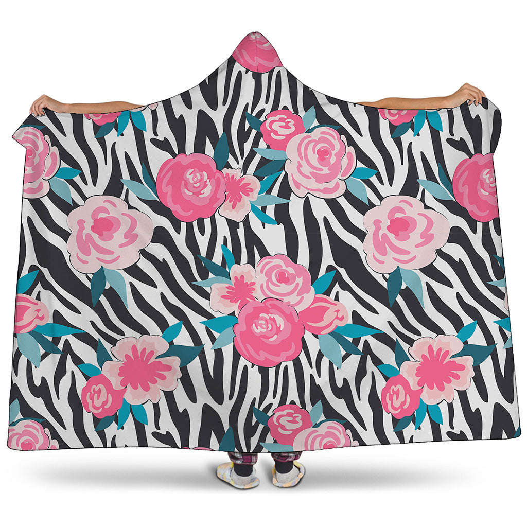 Black White Zebra Floral Pattern Print Hooded Blanket