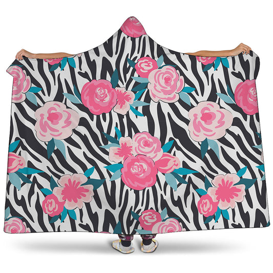 Black White Zebra Floral Pattern Print Hooded Blanket