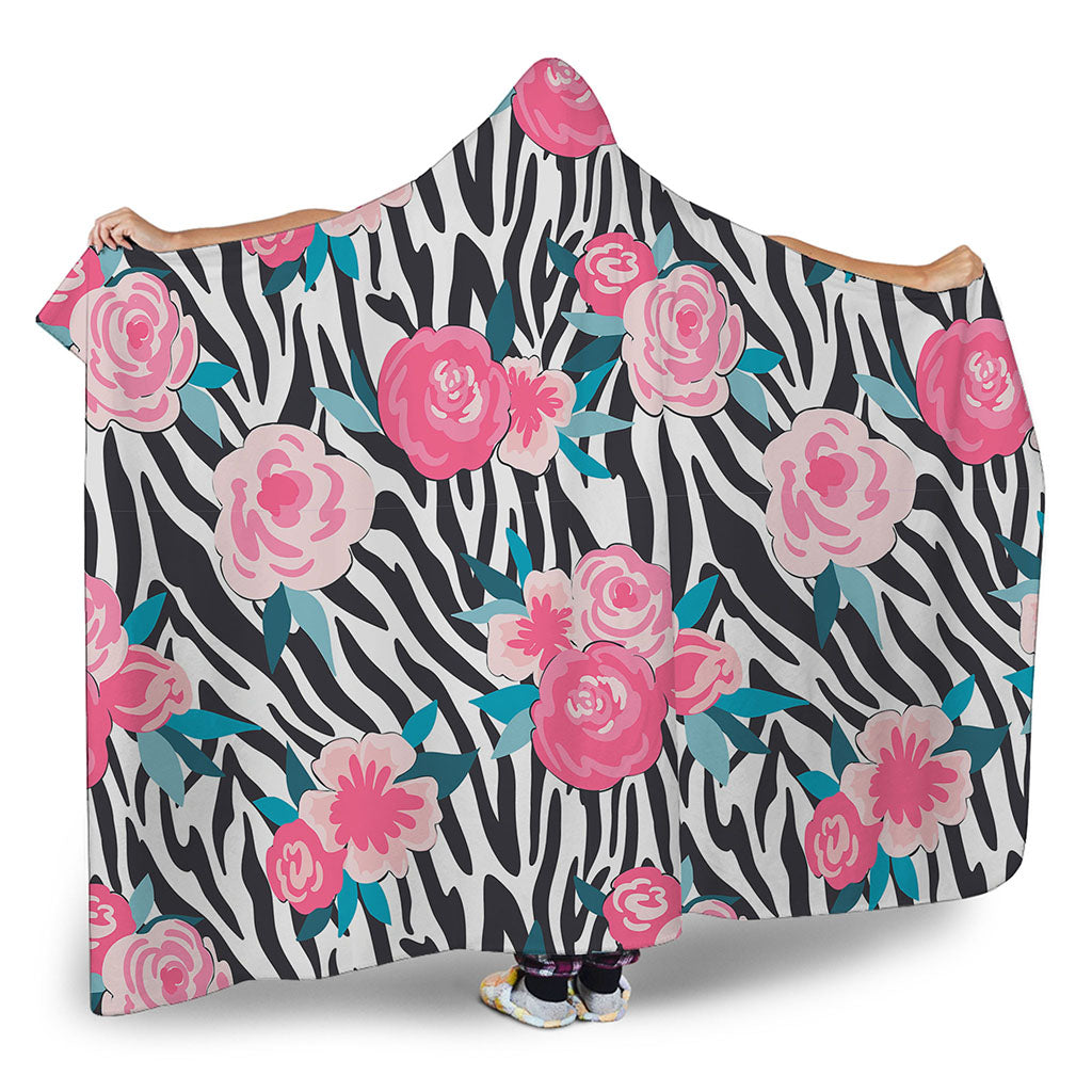 Black White Zebra Floral Pattern Print Hooded Blanket