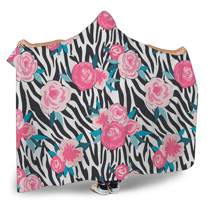 Black White Zebra Floral Pattern Print Hooded Blanket