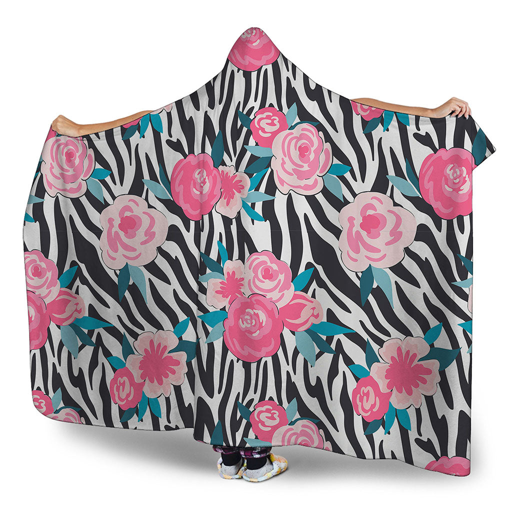 Black White Zebra Floral Pattern Print Hooded Blanket