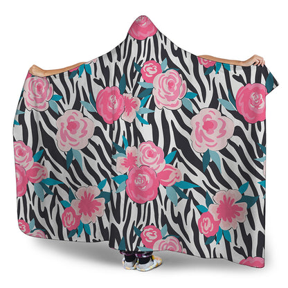 Black White Zebra Floral Pattern Print Hooded Blanket