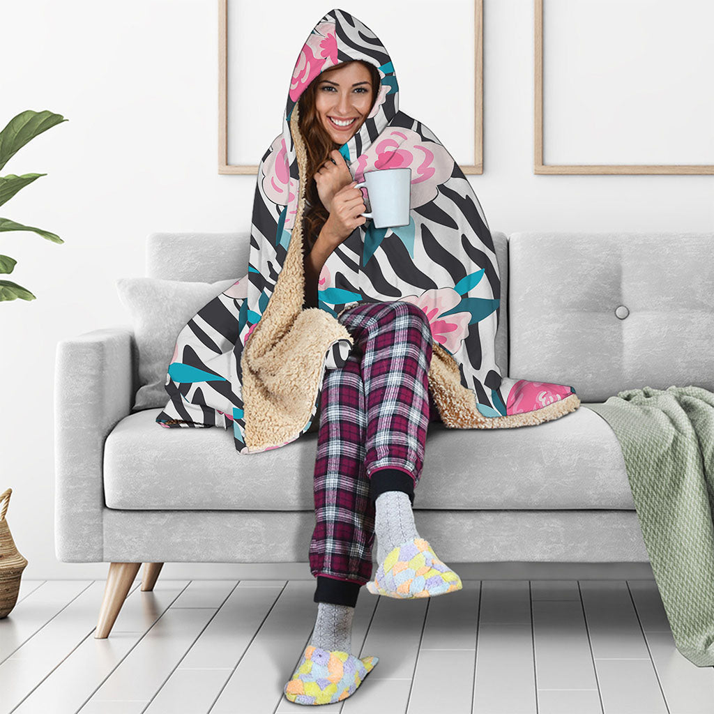 Black White Zebra Floral Pattern Print Hooded Blanket