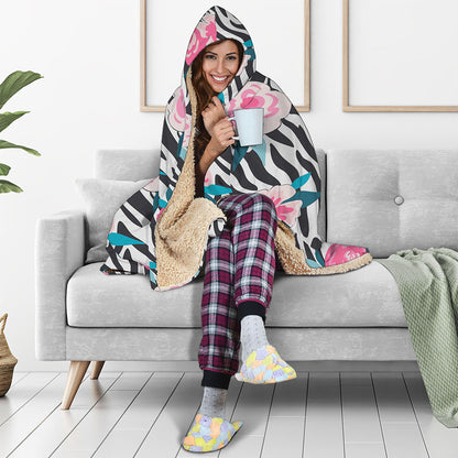 Black White Zebra Floral Pattern Print Hooded Blanket