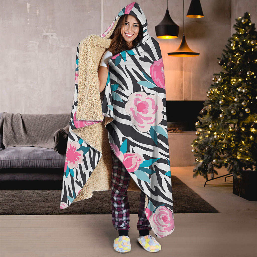 Black White Zebra Floral Pattern Print Hooded Blanket