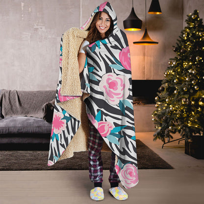 Black White Zebra Floral Pattern Print Hooded Blanket
