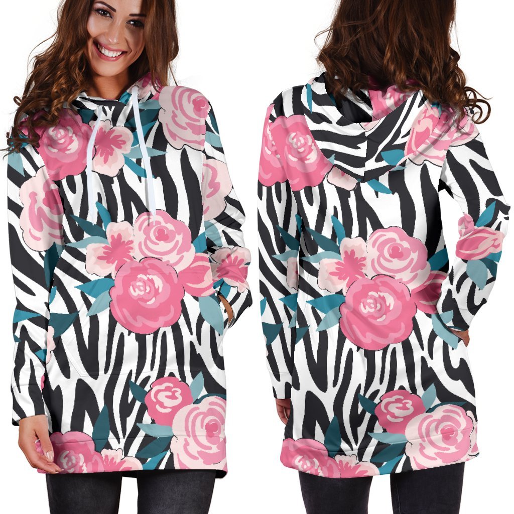 Black White Zebra Floral Pattern Print Hoodie Dress GearFrost