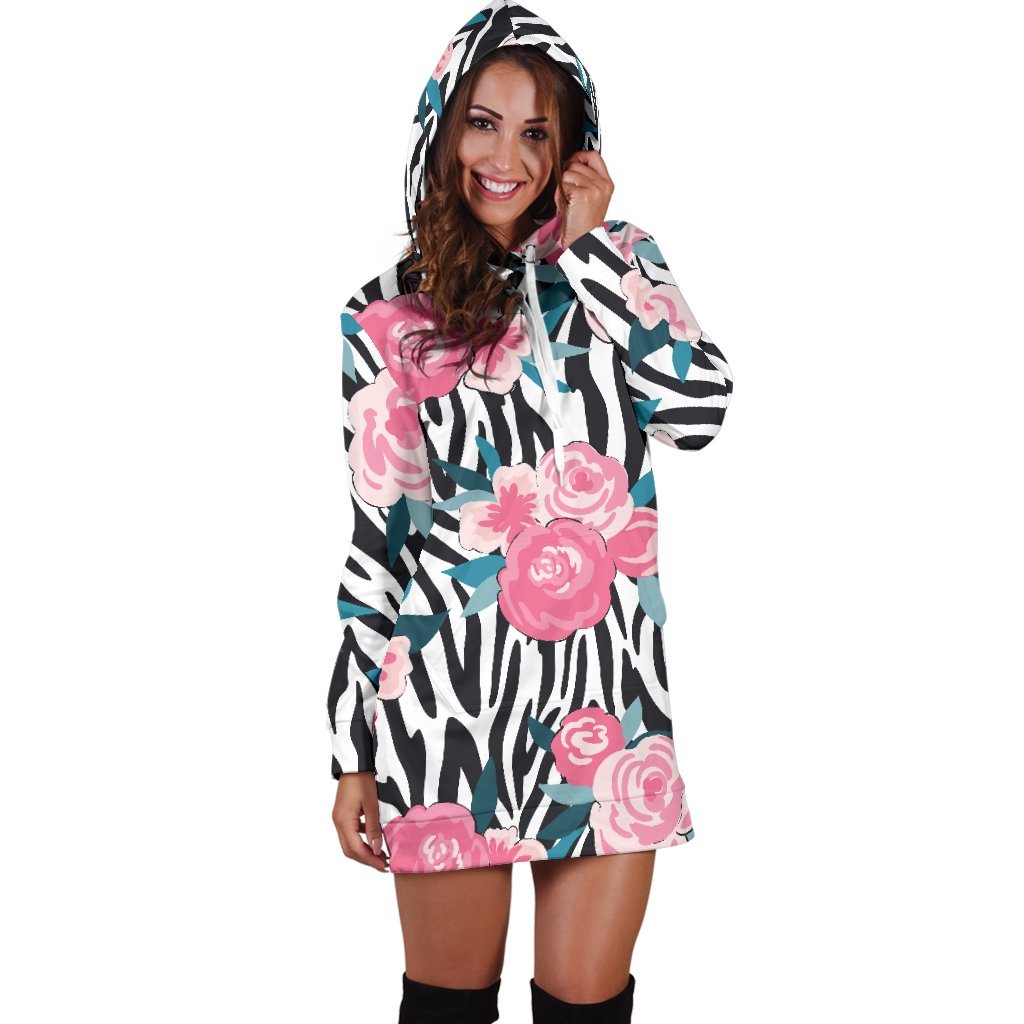 Black White Zebra Floral Pattern Print Hoodie Dress GearFrost