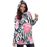 Black White Zebra Floral Pattern Print Hoodie Dress GearFrost