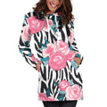Black White Zebra Floral Pattern Print Pullover Hoodie Dress
