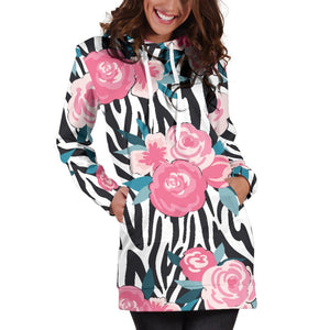 Black White Zebra Floral Pattern Print Hoodie Dress GearFrost