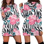 Black White Zebra Floral Pattern Print Hoodie Dress GearFrost