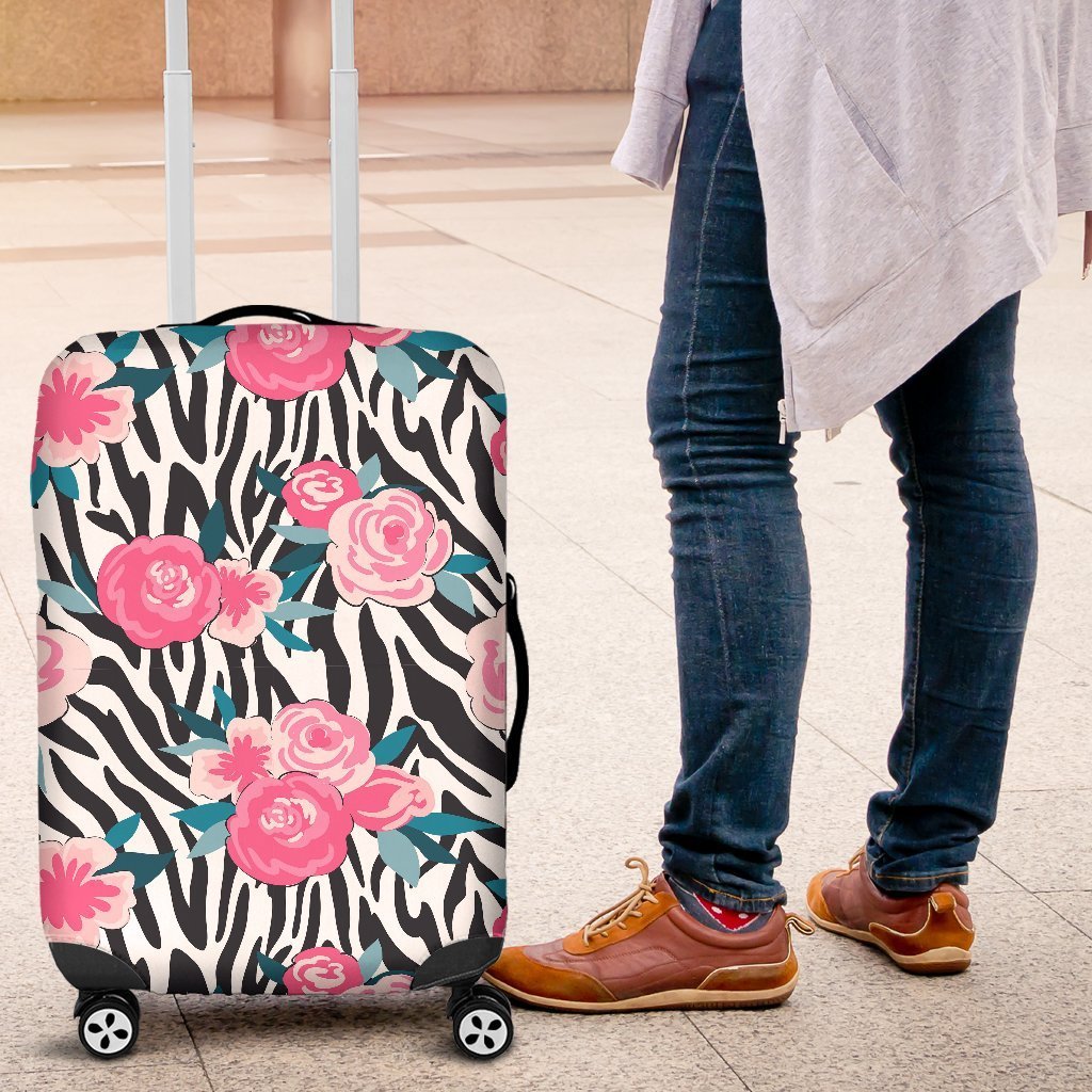 Black White Zebra Floral Pattern Print Luggage Cover GearFrost