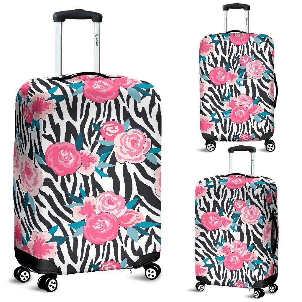 Black White Zebra Floral Pattern Print Luggage Cover GearFrost