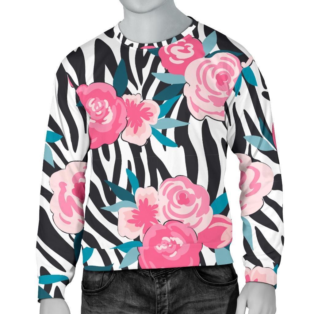 Black White Zebra Floral Pattern Print Men's Crewneck Sweatshirt GearFrost