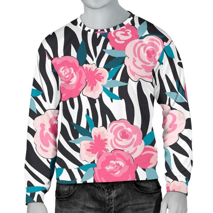 Black White Zebra Floral Pattern Print Men's Crewneck Sweatshirt GearFrost
