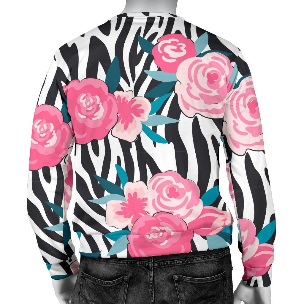 Black White Zebra Floral Pattern Print Men's Crewneck Sweatshirt GearFrost