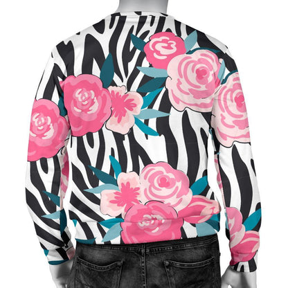 Black White Zebra Floral Pattern Print Men's Crewneck Sweatshirt GearFrost