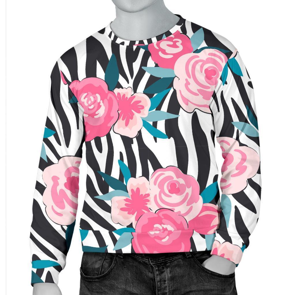 Black White Zebra Floral Pattern Print Men's Crewneck Sweatshirt GearFrost